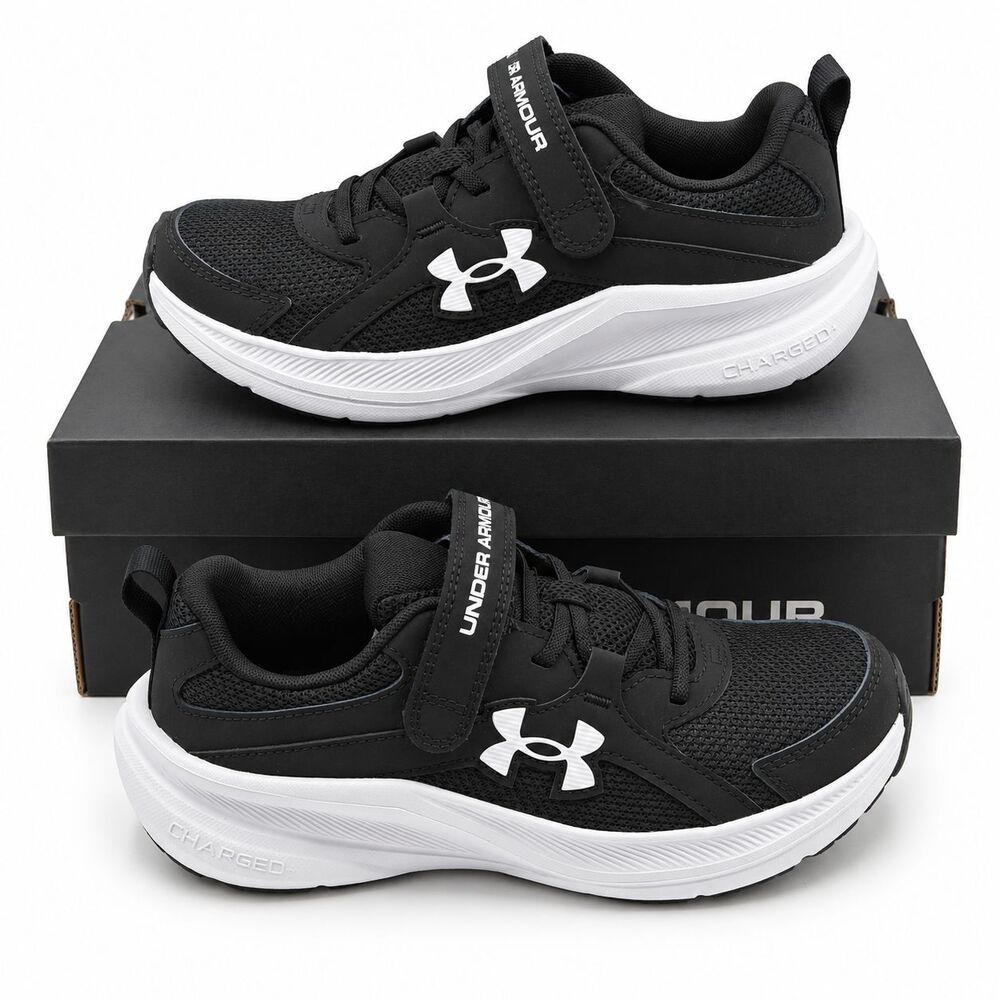 Under Armour Assert 11 AC Boys 2Y Black White Mesh Running Shoes Hook Loop Strap